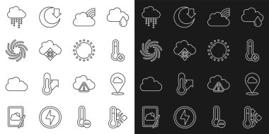 Meteoroloji termometresi, konum bulutu, bulutlu gökkuşağı, bulut karı, kasırga, yağmur ve güneş ikonu. Vektör