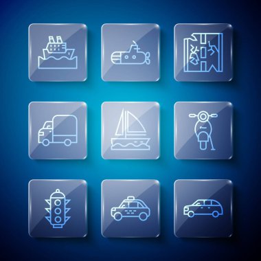 Hat lambası, taksi arabası, Hatchback, Broken Road, Yat yelkenlisi, teslimat kamyonu, yolcu gemisi ve Scooter ikonu. Vektör