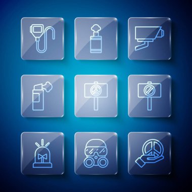 Flasher sireni, gaz maskesi, huzur, güvenlik kamerası, biber gazı, telsiz ve protesto ikonu ayarlayın. Vektör