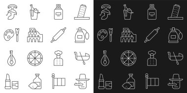 Pinokyo, Gondola, Parfüm, Roma Kolezyumu paletli boya fırçası, Roma askeri miğferi ve Rolling pin ikonu. Vektör