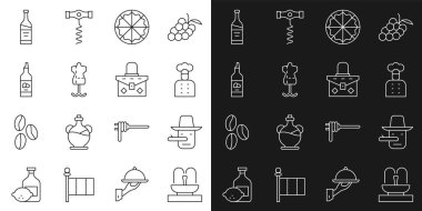 Set hattı Fountain, Pinokyo, İtalyan aşçı, pizza, manken, bir şişe zeytinyağı, şarap ve el çantası ikonu. Vektör