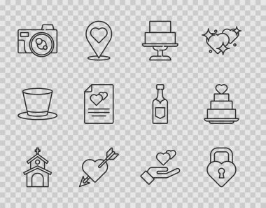 Kilise binası, Kale kalp şekli, düğün pastası, oklu aşk, fotoğraf makinesi, tebrik kartı, kalp eli ve ikon. Vektör