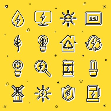 Elektrikli araba şarj istasyonu, LED ampul, geri dönüşümlü pil, güneş enerjisi paneli, ışık yaprağı, yaprak ya da yapraklar, Su ve Eco House geri dönüşüm ikonu. Vektör