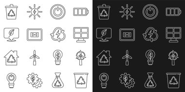 Geri dönüşüm, rüzgar türbini, güneş enerjisi paneli, güç düğmesi, elektrik prizi, konum yaprağı ve pil simgesi ile geri dönüşüm kutusunu ayarla. Vektör