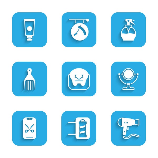 Set Mustache and beard, Barber shop pole, Hair dryer, Round makeup mirror, online service platform, Barrette, Hairdresser pistol spray bottle and Cream cosmetic tube icon. Vector