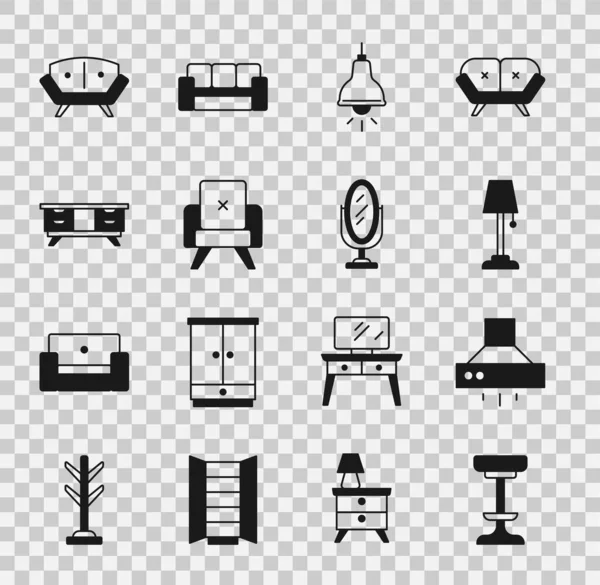 采购产品椅子 厨房抽水机风扇 扶手椅 电视台 沙发和镜子图标 — 图库矢量图片