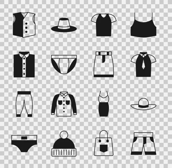 采购产品套装短裤或裤子 优雅的女帽 男人内裤 背心和Skirt图标 — 图库矢量图片