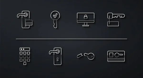 设置线数字门锁 密码保护 标记键 断开键 门把手 卡和锁计算机监控图标 — 图库矢量图片