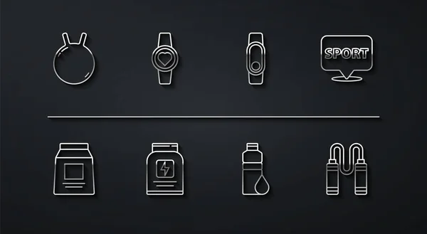 采购产品设置线Kettlebell 运动营养 位置健身房 健美振动器 Smartwatch 跳跃绳和图标 — 图库矢量图片