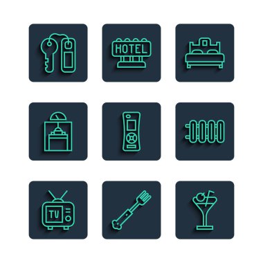 Retro TV, Fork, Martini bardağı, yatak odası, uzaktan kumanda, asansör, otel kapı kilidi anahtarı ve ısıtma radyatörü ikonu. Vektör