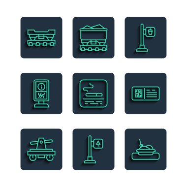 Draisine ya da el arabası, trafik levhası, yemekli plaka, kafe restoranının yeri, sigara içme alanı, danışma standı, yük vagonu ve QR kod kodu ikonu. Vektör