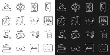 Hat dalgası, gemi çanı, yolcu gemisi, pasaport, katlanmış harita, bavul, okyanustaki tropik ada ve Kaptan şapka ikonu. Vektör