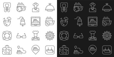 Filika, dümen, yolcu gemisi, turist, çan, hindistan cevizi kokteyli, ceket ve ikon. Vektör