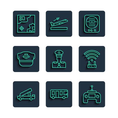 Hat merdiveni, havaalanı otobüsü, İHA uzaktan kumandası, tutum göstergesi, Pilot, şapka, Dünya seyahati haritası, Router ve wi-fi sinyal simgesi. Vektör