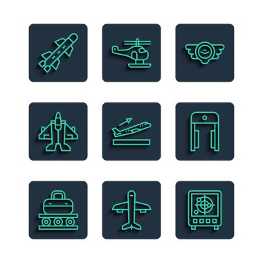 Bavul, uçak, radar hedefleri monitörü, havacılık amblemi, kalkış, jet uçağı, roket ve metal dedektörü ile havaalanı simgesine yerleştirin. Vektör