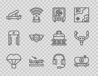 Hat kutusunu paraşütle uçurmak, yakıt tankeri, hedef monitörlü radar, uçak inişi, yolcu merdiveni, havacılık amblemi, kulaklık mikrofon ve uçak dümen ikonu. Vektör