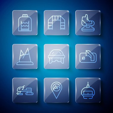 Çizgili kar aracı, dağlı konum, kayak kaldırma, kayak kaskı, hokey kaskı, dağlar, Noel süveteri ve buz hokeyi gol ikonu. Vektör