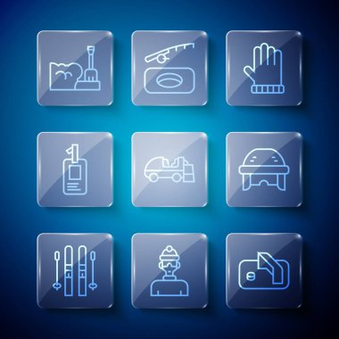 Saha çizgisi kayak ve sopalar, kış sporcusu, buz hokeyi golü, Noel eldiveni, yeniden yüzey, kimlik kartı, kürek kar yığını ve hokey kask ikonu. Vektör