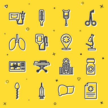 Klinik kayıtları, ilaç şişesi ve haplar, mikroskop, koltuk değnekleri, serum torbası, akciğerler, ultrason ve kros hastane ikonuyla yer. Vektör