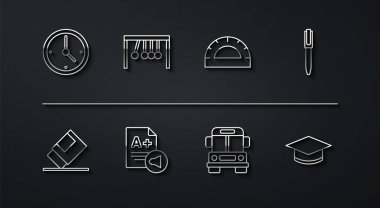 Satır Saat, Silgi ya da Lastik, Kalem, Okul Otobüsü, Sınav kağıdında A + notu, Sarkaç, Mezuniyet kapağı ve İletki ızgara simgesini ayarla. Vektör