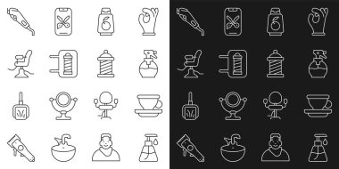 Krem kozmetik tüpü, kahve fincanı, kuaför tabancası sprey şişesi, şişe şampuanı, berber dükkanı direği, berber koltuğu, elektrikli makas ve ikon. Vektör