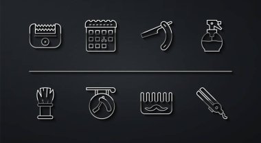 Elektrikli saç makası, tıraş fırçası, saç spreyi şişesi, saç fırçası, jiletle berber dükkanı, saç kesimi günü, saç maşası ve düz simge. Vektör