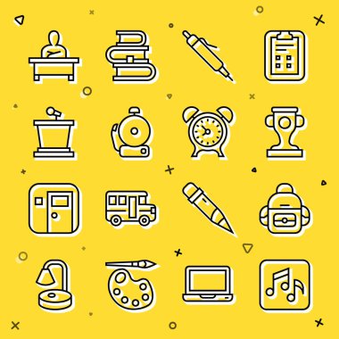 Set satırı Müzik notası, ton, okul çantası, ödül kupası, kalem, alarm zili, sahne standı, okul çocuğu masada oturuyor ve alarm saati simgesi. Vektör