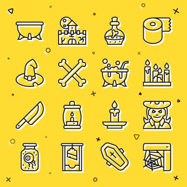 Örümcek ağı, cadı, yanan mum, iksirli şişe çapraz kemikler, şapka, cadılar bayramı cadı kazanı ve ikon. Vektör