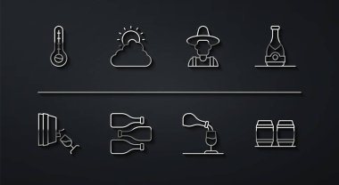 Meteoroloji termometresi, şarap tatma, degulasyon, şampanya şişesi, şarap şişeleri, güneş ve bulut havası, tahta fıçı ve çiftçi şapkası ikonu. Vektör