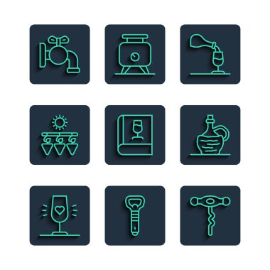 Düz çizgi şarap bardağı, şişe açacağı, tirbuşon, tatma, degukasyon şarap, kuru üzüm kitabı fıçı için musluk ve İtalyan fiyasko şişe ikonu. Vektör