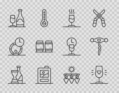 Şarap şişesi, şarap kadehi, tatma, degukasyon, karton kutu, şişe, ahşap fıçı, kuru üzüm ve tirbuşon ikonu. Vektör