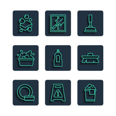 Halat yıkama, ıslak zemin, köpüklü kova, plastik pompa, bulaşık deterjanı, leğen sabun köpüğü, temizlik ikonu için fırça ve sabun. Vektör