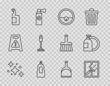 Hat ev temizlik hizmeti, pencereler için lastik temizleme, robot süpürge, bulaşık deterjanı, süpürge, faraş ve ikon. Vektör