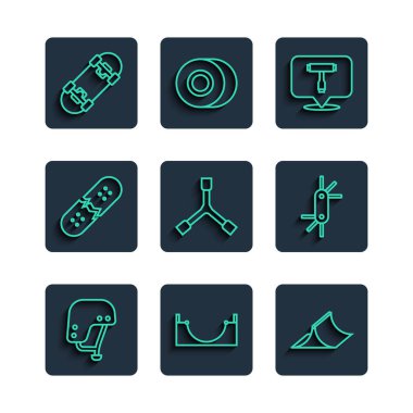 Çizgili kaykay kaskı, park, T aracı, Y-aracı, kırık kaykay güvertesi ve Tool allen tuşları simgesi. Vektör