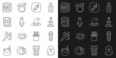 Hayalet, iksirli şişe, taştaki kılıç, sihir, tarot kartları ve cadı şapkası ikonu. Vektör