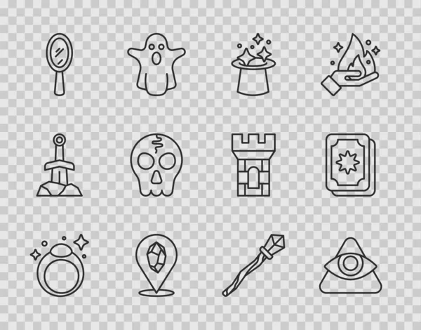 设置线魔石戒指 万能的神眼 杖和塔罗牌图标 — 图库矢量图片