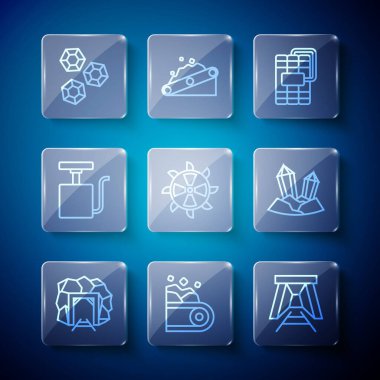 Mayın girişi, kömür taşıyan taşıyıcı bant, dinamit, kova tekerleği kazıcı, tutucu fünye, mücevher taşı ve ikon. Vektör