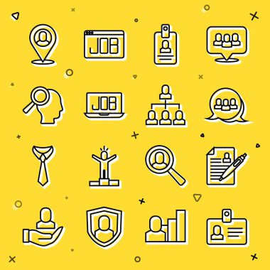 Satır tanımlama rozeti, Özgeçmiş, Proje ekibi üssü, Arama işi, Arama için büyüteç, İşçi konumu ve İşçi hiyerarşisi simgesi. Vektör