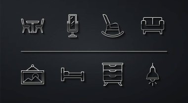 Satır tablosunu sandalye, resim, kanepe, mobilya sehpası, yatak, büyük boy ayna, lamba asılı ve sallanan ikon ile ayarla. Vektör