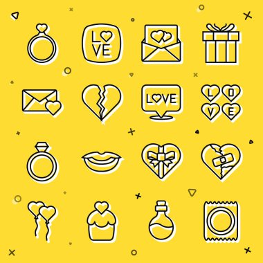 Prezervatifi pakete koy, kırık kalp ya da boşanma, aşk metni, Valentine 'lı zarf, kırık alyans ve ikon. Vektör