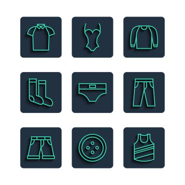 Çizgi kısa veya pantolon, dikiş düğmesi, atlet, süveter, erkek iç çamaşırı, çorap, polo ve pantolon ikonu. Vektör