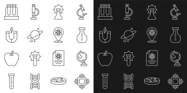 Hat işlemcisi işlemcisi, dünya küresi, test tüpü, şişedeki patlama Satürn gezegeni, mıknatıs ve atom ikonu. Vektör