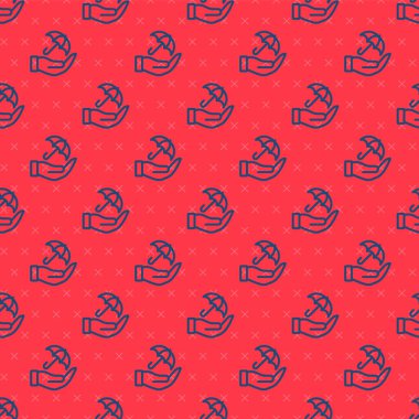 Mavi çizgi Umbrella 'nın el simgesi kırmızı arkaplanda izole edilmiş pürüzsüz desen. Sigorta konsepti. Su geçirmez ikon. Koruma, güvenlik, güvenlik kavramı. Vektör