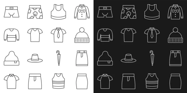 stock vector Set line Skirt, Beanie hat, Female crop top, T-shirt, Sweater, Men underpants and Shirt icon. Vector