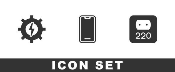 Set Engranajes Relámpagos Teléfono Móvil Icono Toma Corriente Eléctrica Vector — Vector de stock