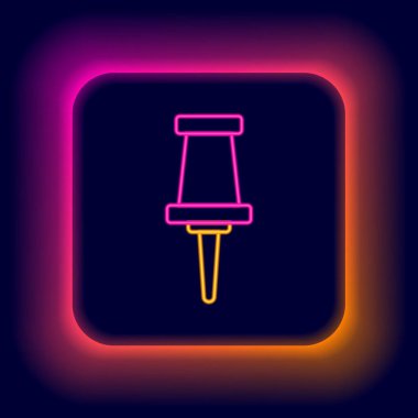 Parlayan neon çizgisi siyah arkaplanda Push pin simgesi izole edildi. Raptiye işareti. Renkli taslak konsepti. Vektör