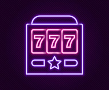 Siyah arka planda izole edilmiş uğurlu yedili büyük ikramiye ikonu olan parlak neon çizgili slot makinesi. Renkli taslak konsepti. Vektör