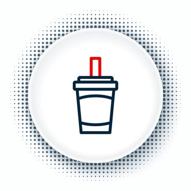 Beyaz zemin üzerinde saman ve su ikonu olan çizgi kağıt bardak. Soda bardağı. Taze soğuk içecek sembolü. Renkli taslak konsepti. Vektör