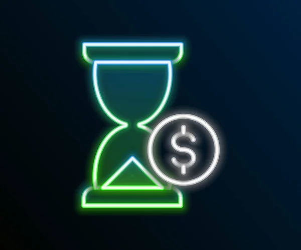 Glowing Neon Line Hourglass Dollar Icon Isolated Black Background Money — Image vectorielle
