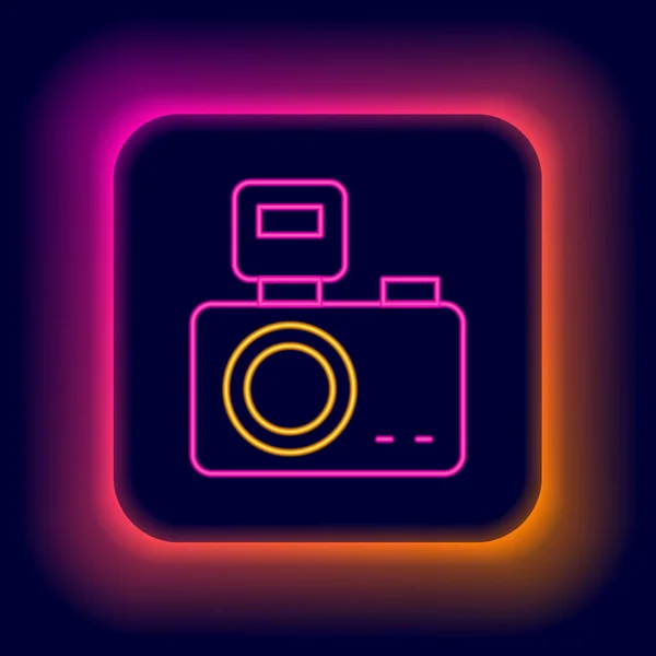 Светящийся Неоновая Линия Фотокамера Освещением Значок Вспышки Изолированы Черном Фоне — стоковый вектор
